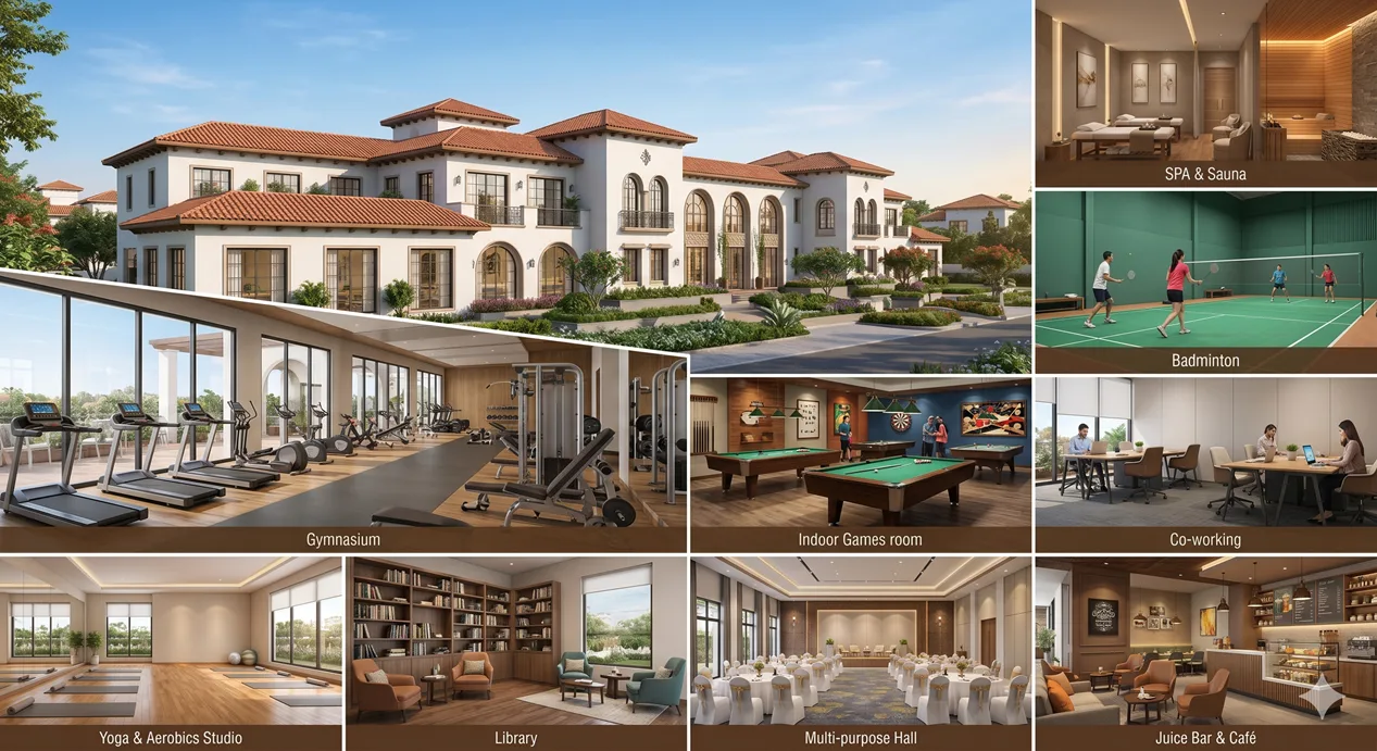 Godrej Plots Coimbatore clubhouse with spa, gym, co-working and library amenities collage