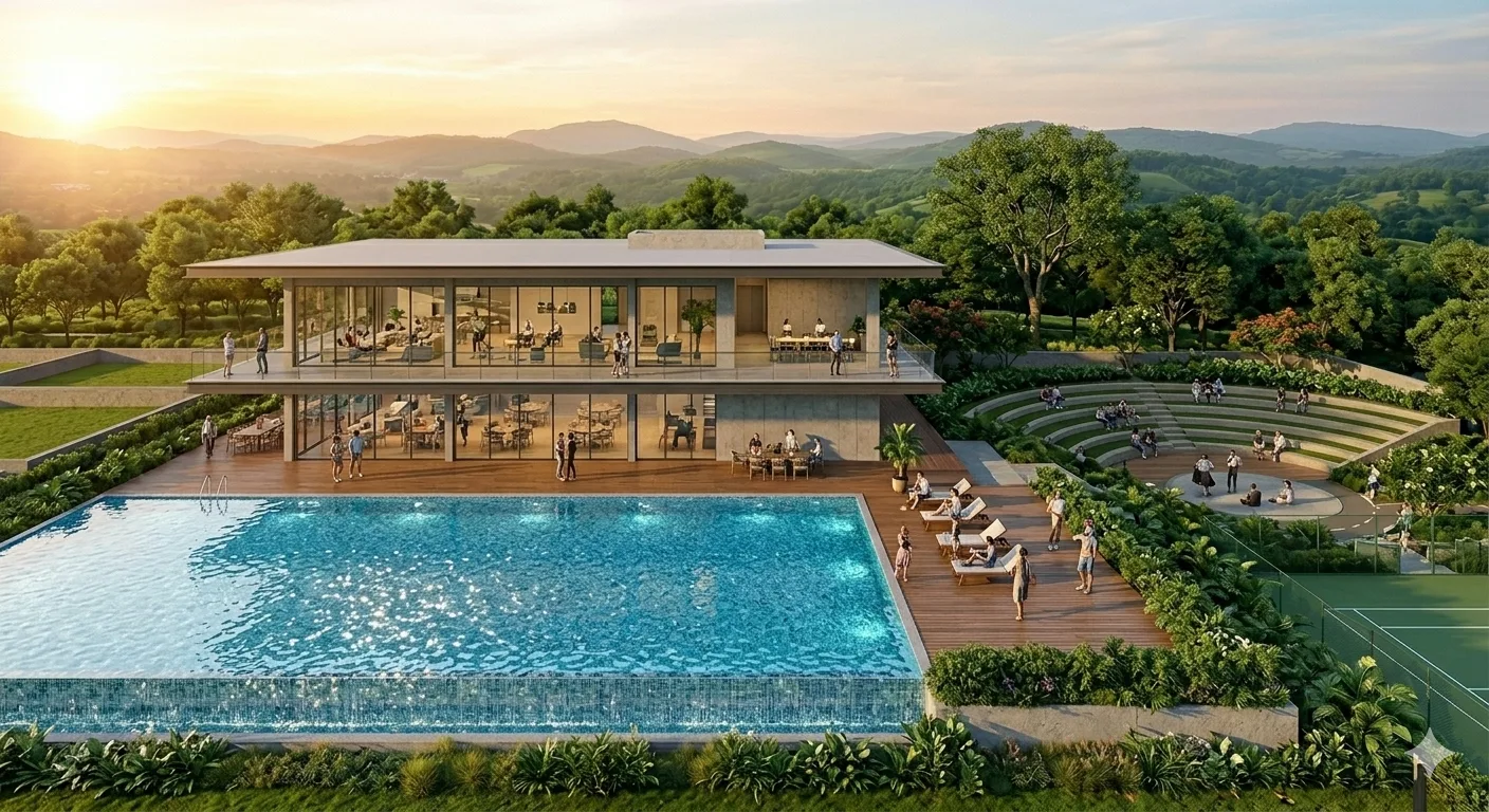 Godrej Plots Coimbatore clubhouse swimming pool and lounge deck