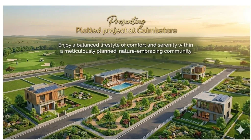 Godrej Plots Coimbatore rendered villas and clubhouse in a nature-embracing community