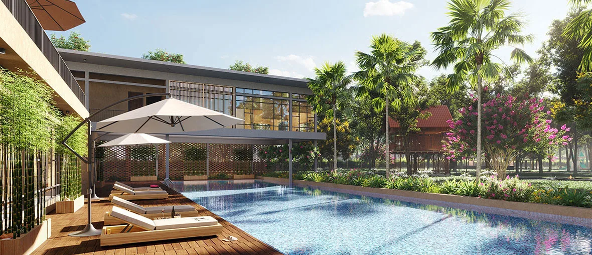 Representative clubhouse swimming pool render for Godrej Plots Coimbatore, Chettipalayam, artist's impression