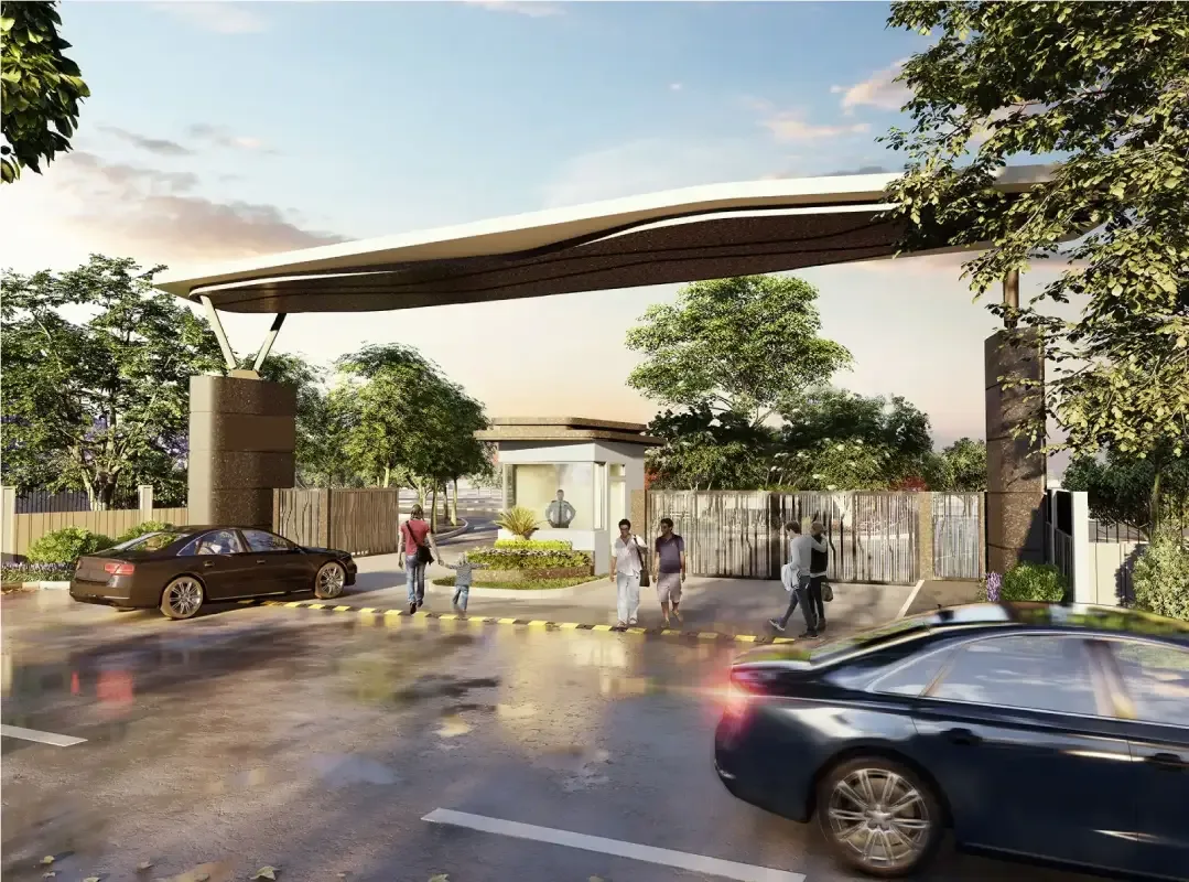 Representative entrance gate render for Godrej Plots Coimbatore, Chettipalayam, gated plotted community with security cabin