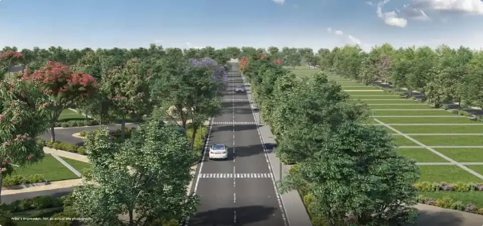 Representative tree-lined boulevard and plot layout render for Godrej Plots Coimbatore, Chettipalayam, artist's impression
