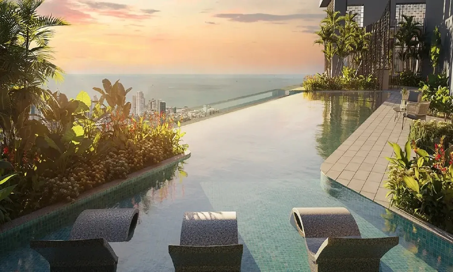 Godrej Wonderla Plots Thiruporur swimming pool with edge-pool deck and loungers, indicative render