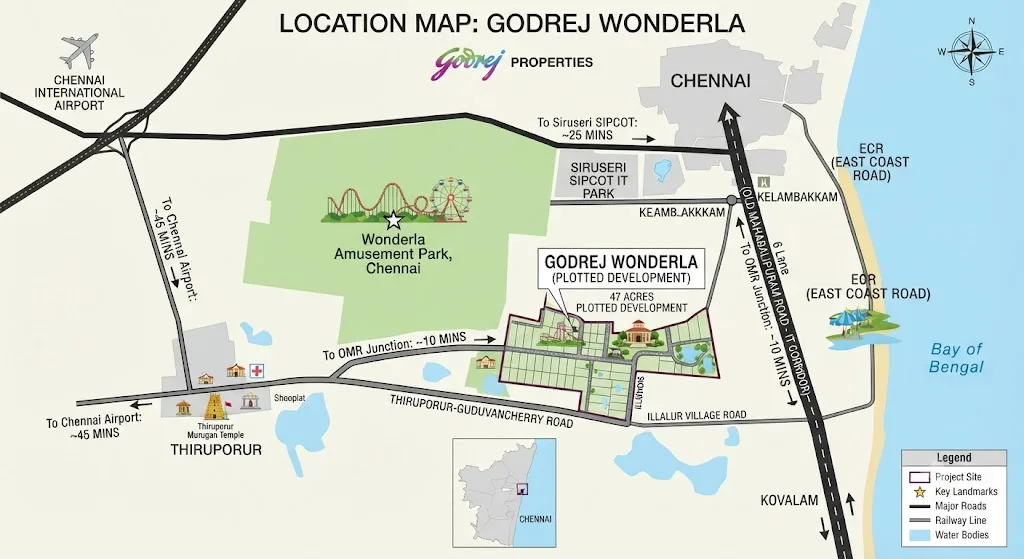 Map of Thiruporur near Wonderla Chennai with OMR, Siruseri and ECR