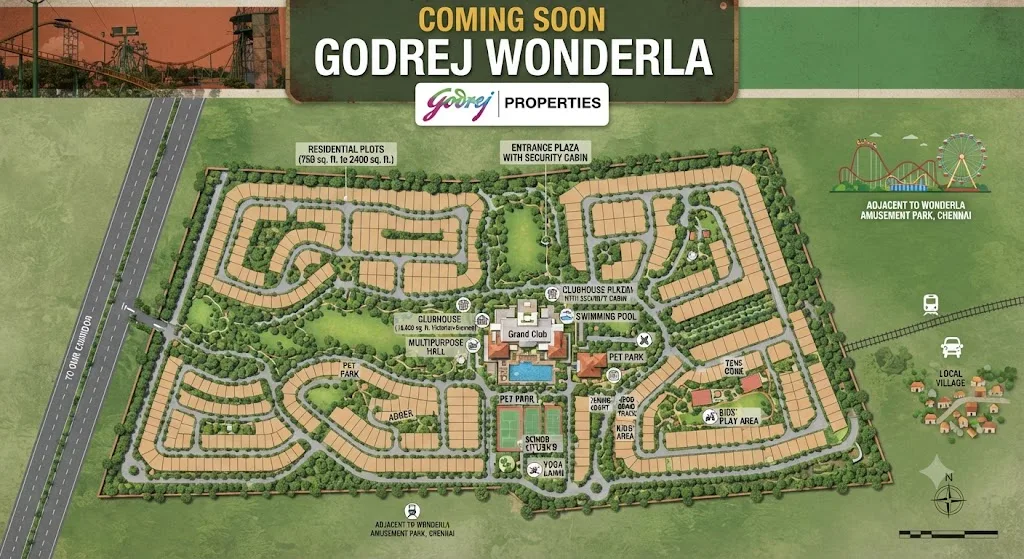 Godrej Wonderla Plots Thiruporur preliminary master plan with Grand Club, pool and 750-2,400 sq ft plots