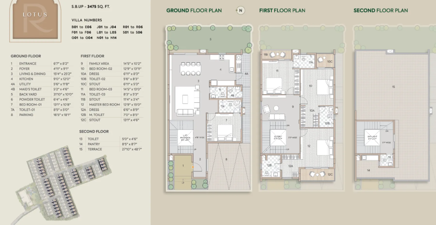 Goyal Riviera Glade Lotus 4 BHK triplex villa 3475 sq ft floor plan