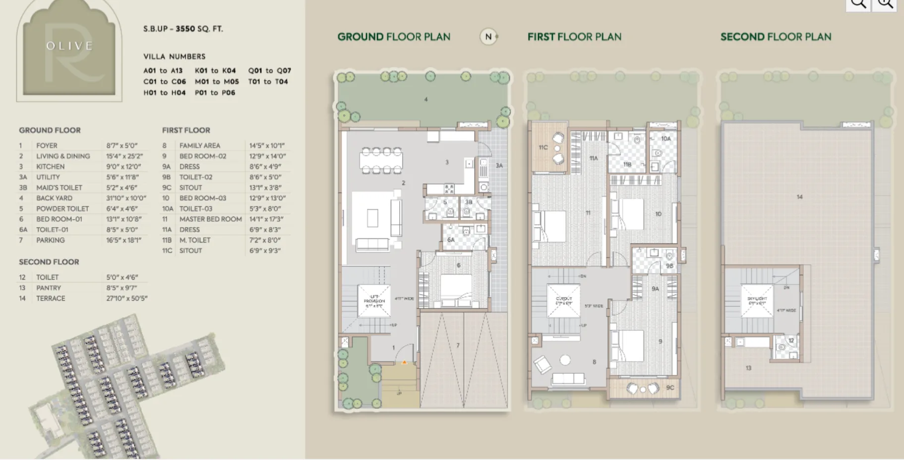 Goyal Riviera Glade Olive 4 BHK triplex villa 3550 sq ft floor plan