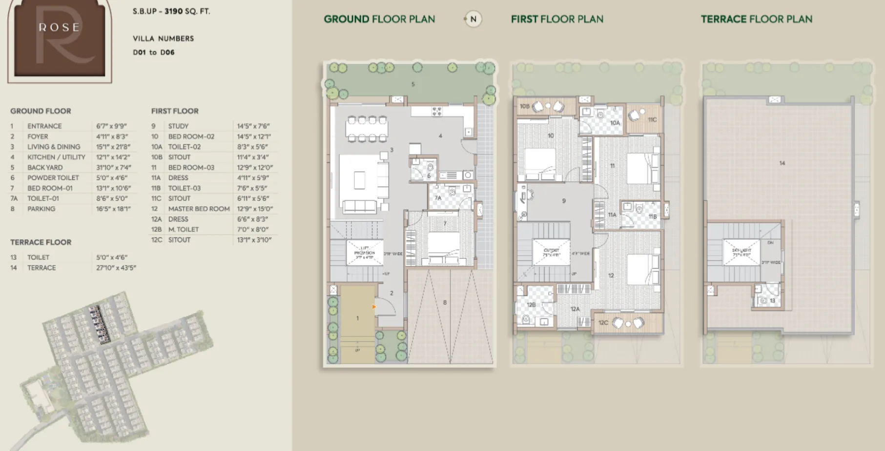 Goyal Riviera Glade Rose 4 BHK triplex villa 3190 sq ft floor plan