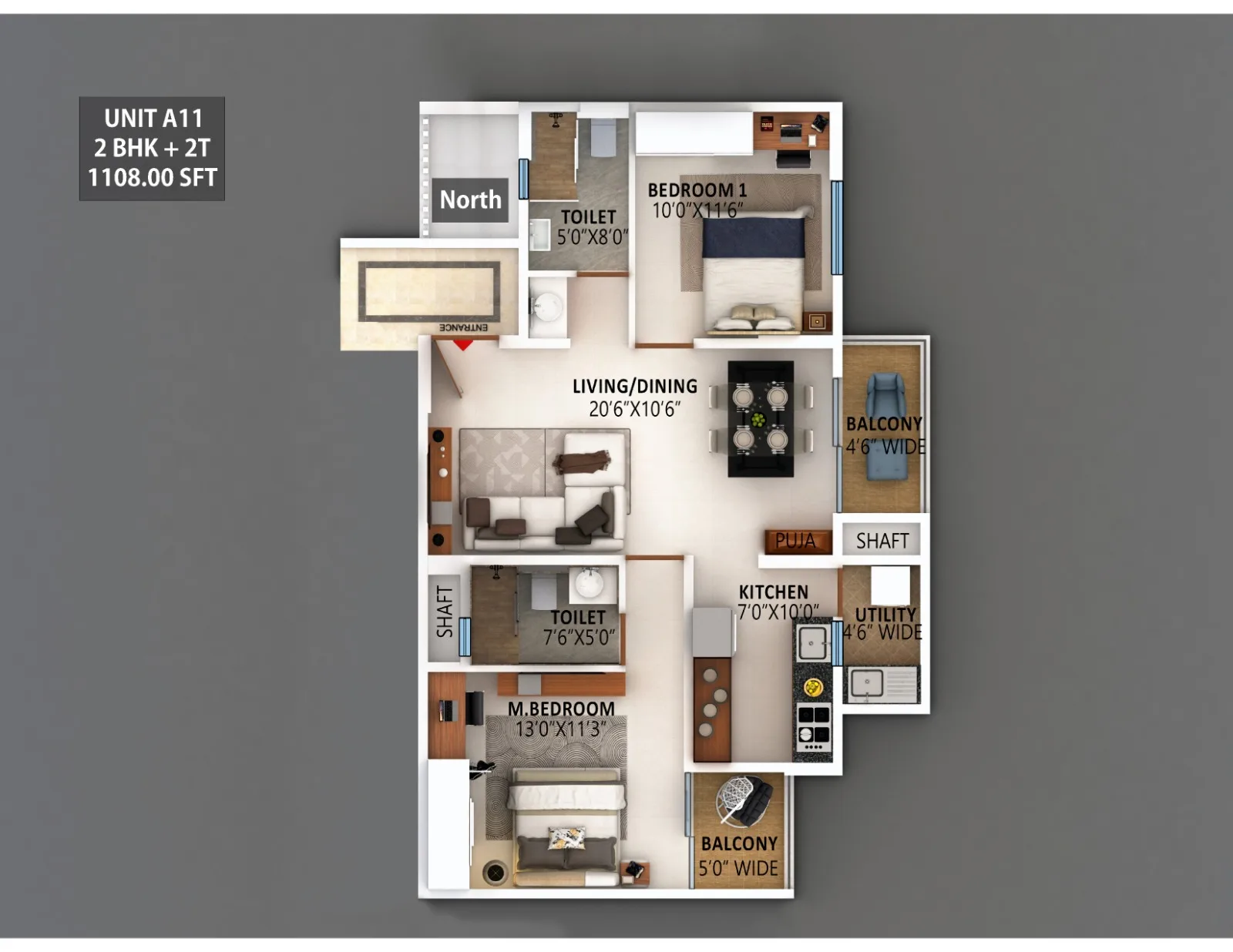 Meenakshi High Life 2 BHK Unit A11 floor plan, 1108 sq ft layout