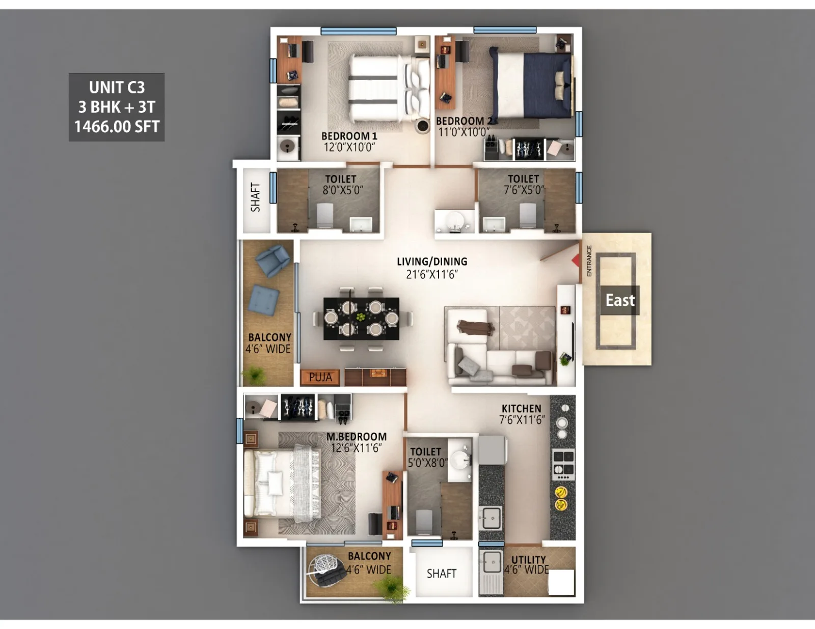 Meenakshi High Life 3 BHK Unit C3 floor plan, 1466 sq ft layout