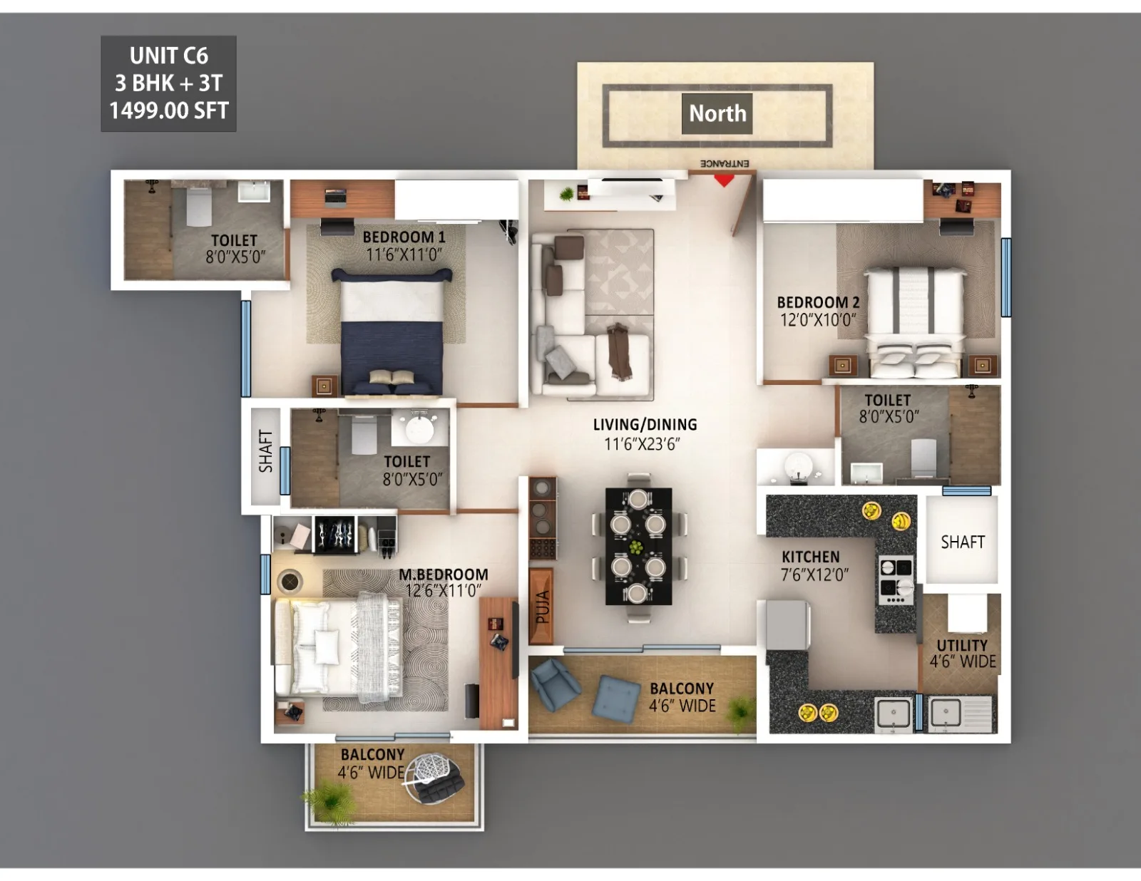 Meenakshi High Life 3 BHK Unit C6 floor plan, 1499 sq ft layout