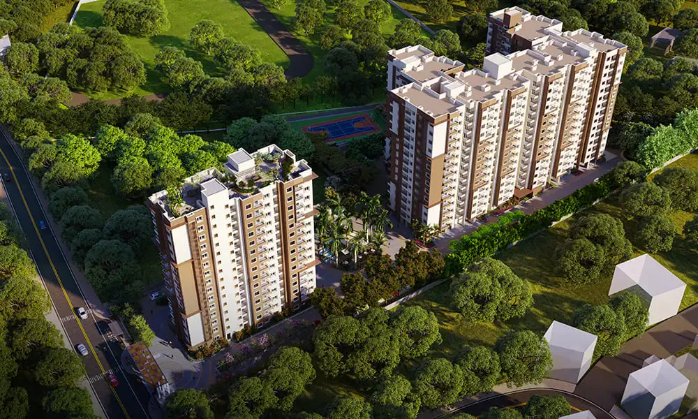 Meenakshi High Life Rachenahalli aerial view of towers, clubhouse and landscaped grounds