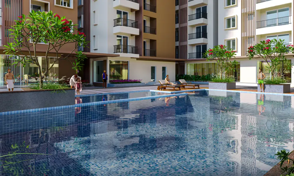 Meenakshi High Life Rachenahalli podium level pool and landscaped courtyard