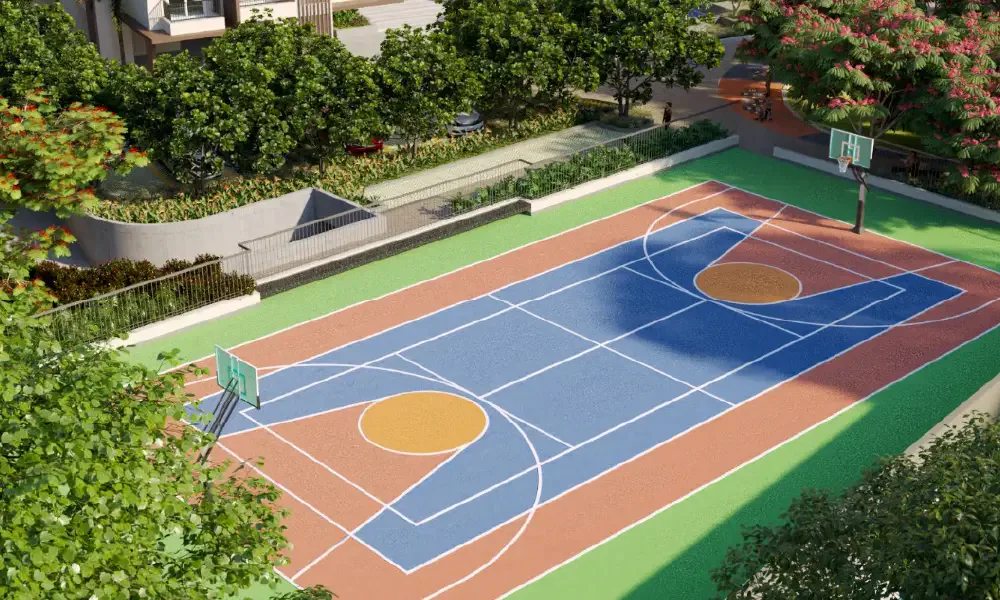 Meenakshi High Life Rachenahalli sports court and landscaped amenity deck