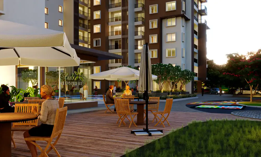 Meenakshi High Life Rachenahalli clubhouse outdoor seating deck