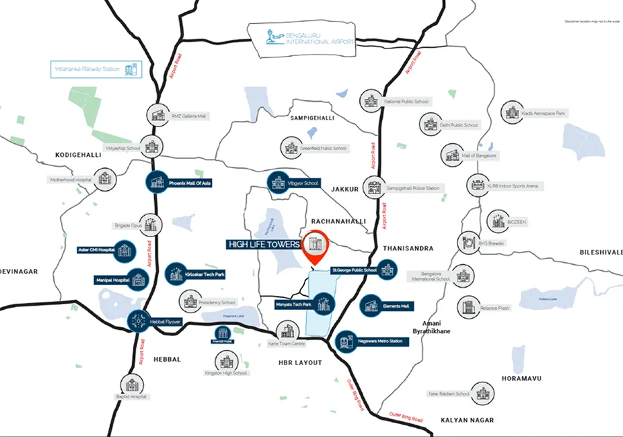 Meenakshi High Life Rachenahalli location map showing Manyata Tech Park, Nagawara Metro and North Bangalore landmarks