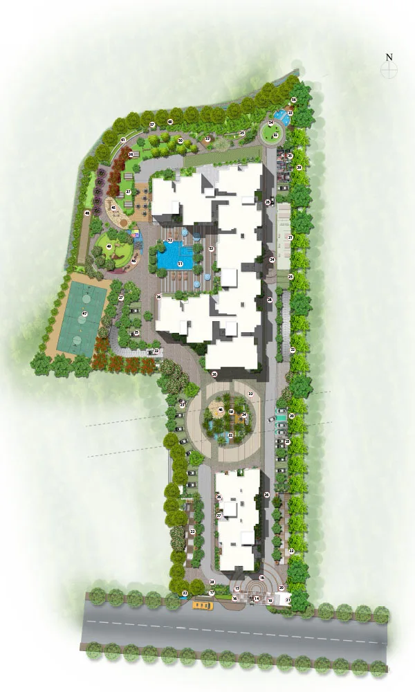 Meenakshi High Life Rachenahalli master plan showing twin towers, clubhouse, pool, sports court and gated community perimeter