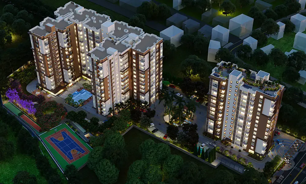 Meenakshi High Life Rachenahalli night aerial view of illuminated towers