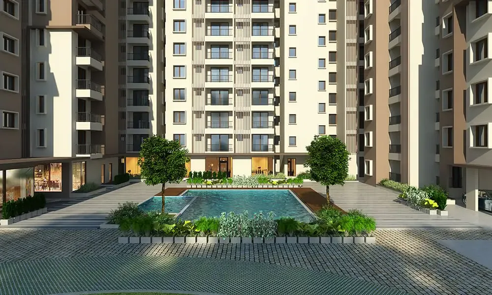 Meenakshi High Life Rachenahalli tower facade and pool courtyard view