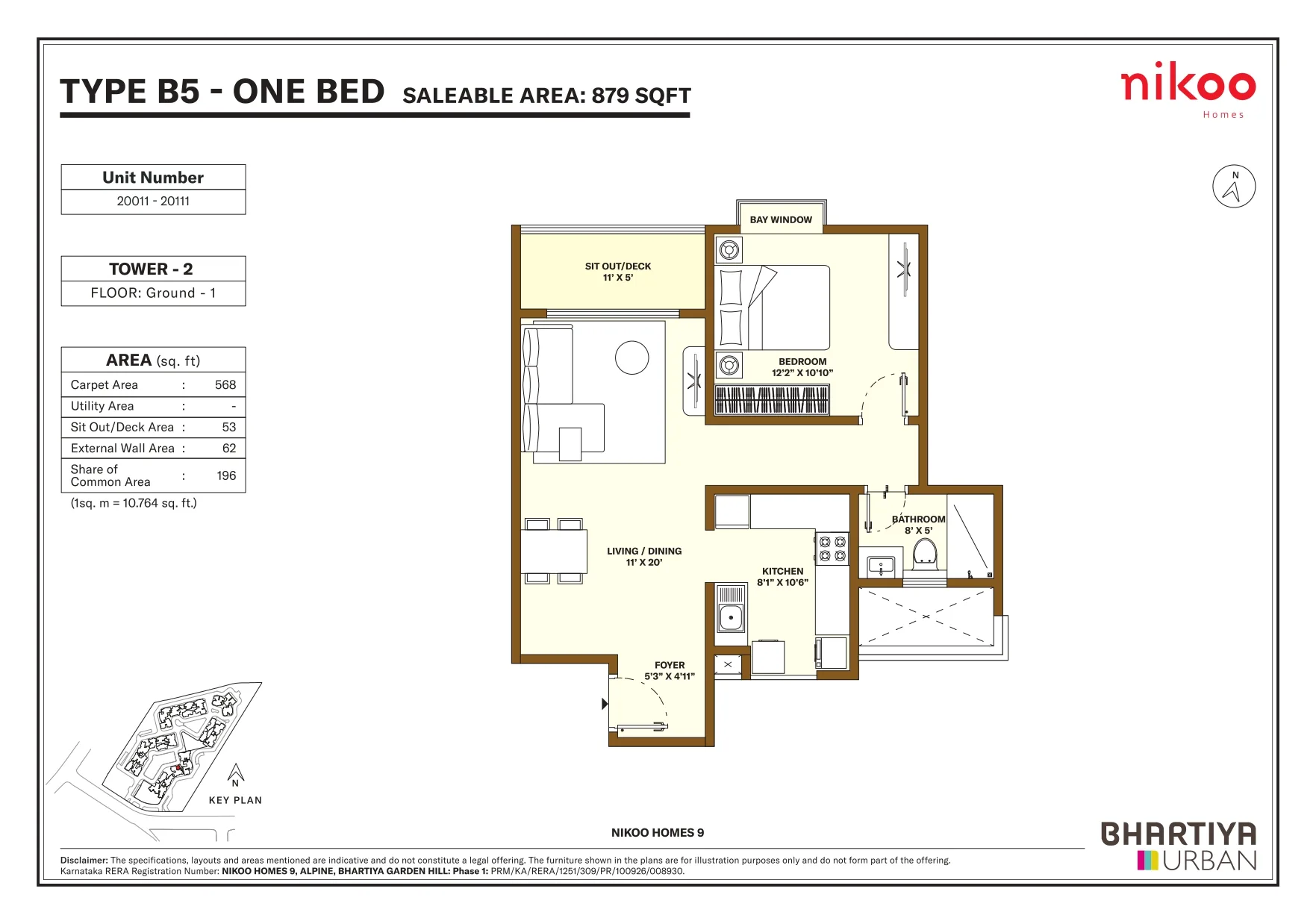 Nikoo Homes 9 1 BHK Type B5 floor plan, 879 sq ft saleable area, Tower 2