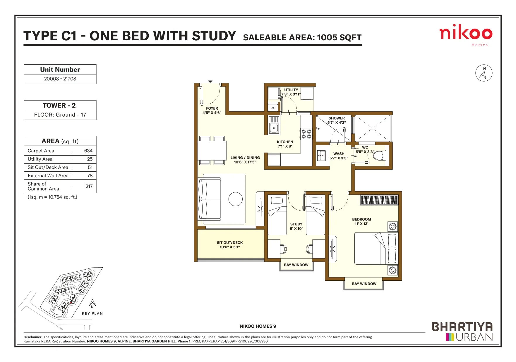 Nikoo Homes 9 1 BHK with Study Type C1 floor plan, 1005 sq ft saleable area, Tower 2