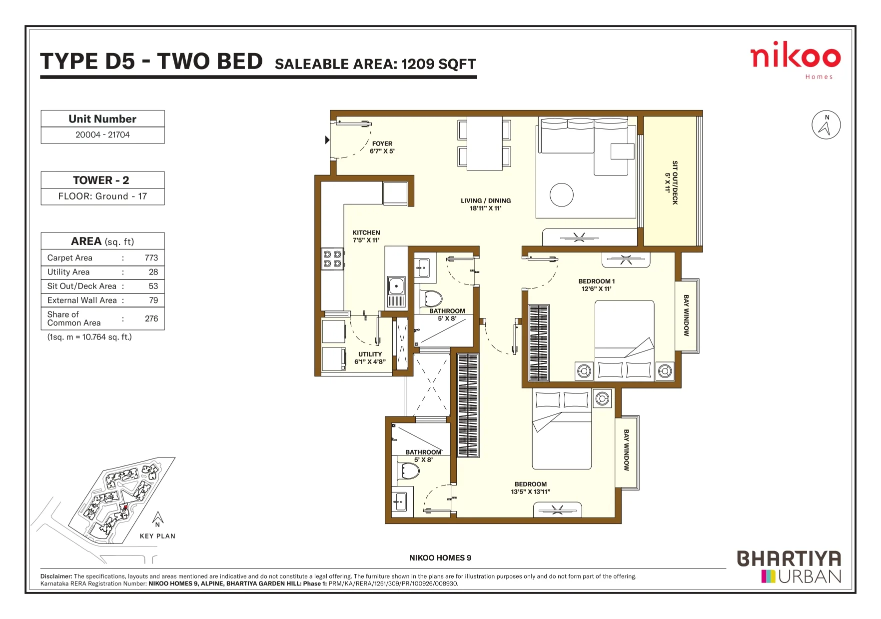 Nikoo Homes 9 2 BHK Type D5 floor plan, 1209 sq ft saleable area, Tower 2