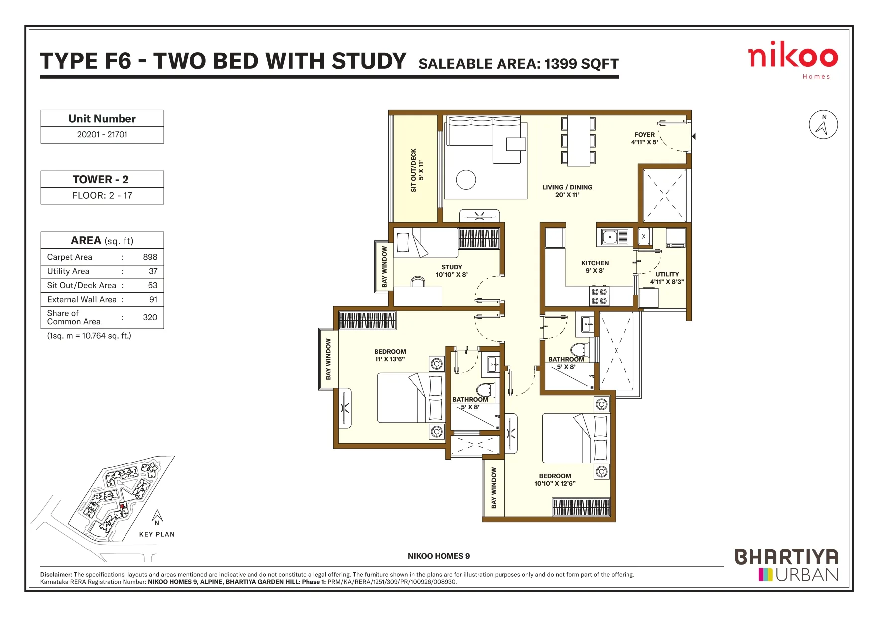 Nikoo Homes 9 2 BHK with Study Type F6 floor plan, 1399 sq ft saleable area, Tower 2