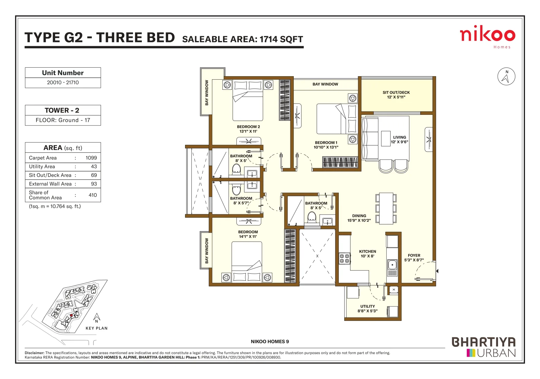 Nikoo Homes 9 3 BHK Type G2 floor plan, 1714 sq ft saleable area, Tower 2