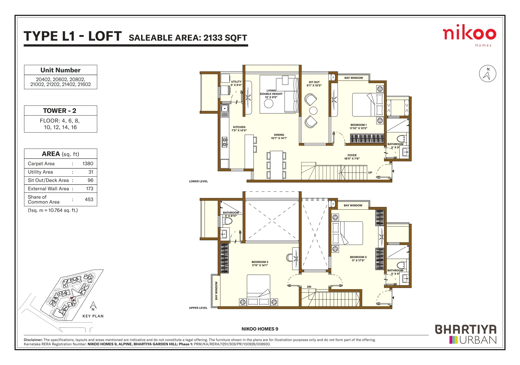 Nikoo Homes 9 3 BHK Loft duplex floor plan, 2133 sq ft, double-height living