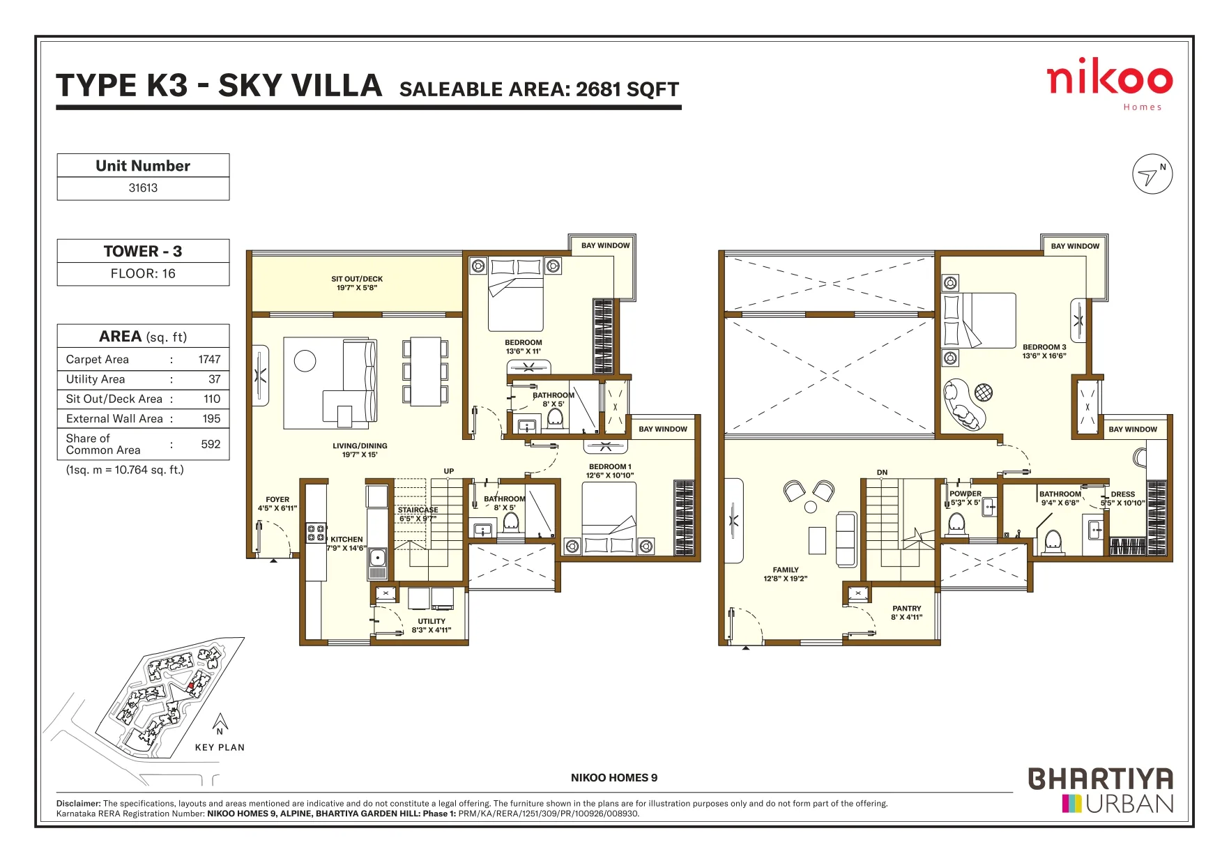 Nikoo Homes 9 Sky Villa duplex floor plan, Tower 3, 2681 sq ft