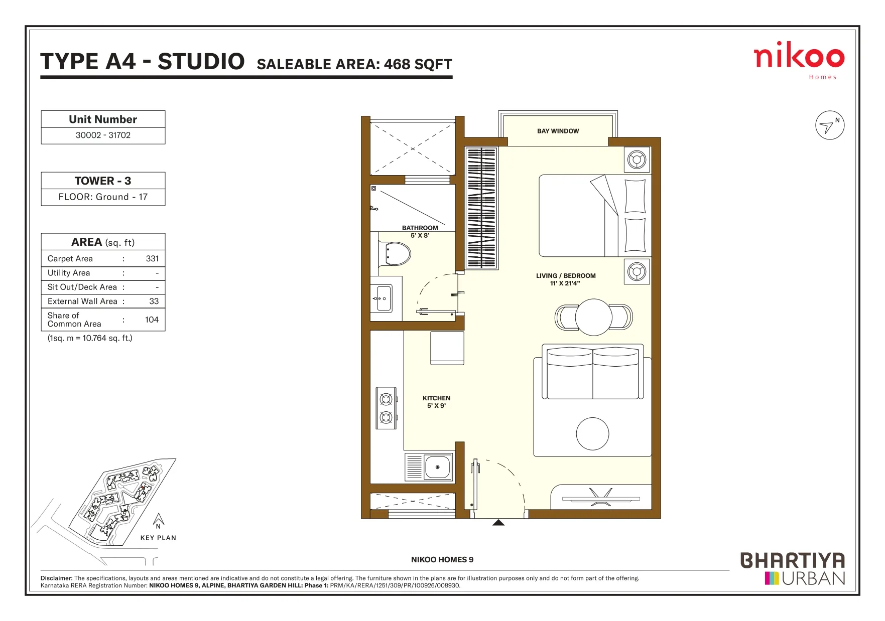 Nikoo Homes 9 Studio Type A4 floor plan, 468 sq ft saleable area, Tower 3