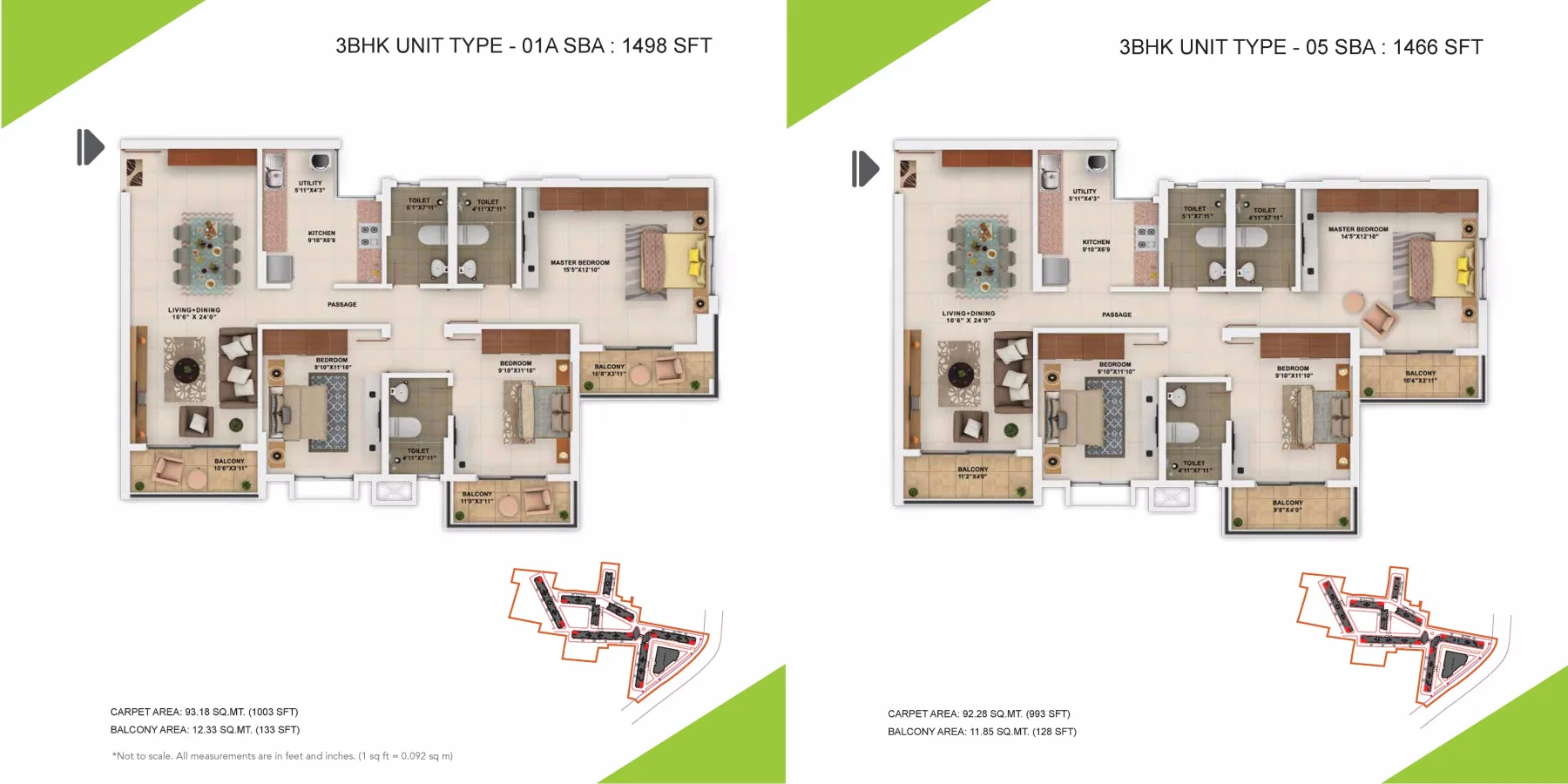 Sattva Park Cubix 3 BHK 1466 to 1498 sq ft floor plan layout