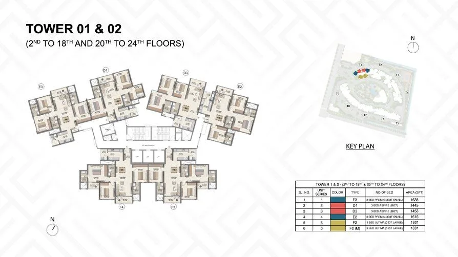 Prestige Parklane 3 BHK Aspire floor plan sheet, Tower 01 and 02, 1445-1469 sq ft