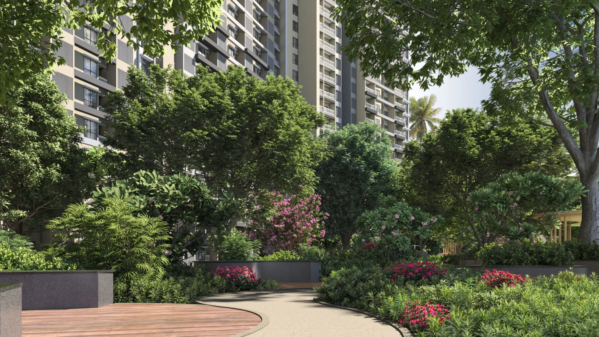 Prestige Parklane landscaped garden walkway between residential towers, Devanahalli