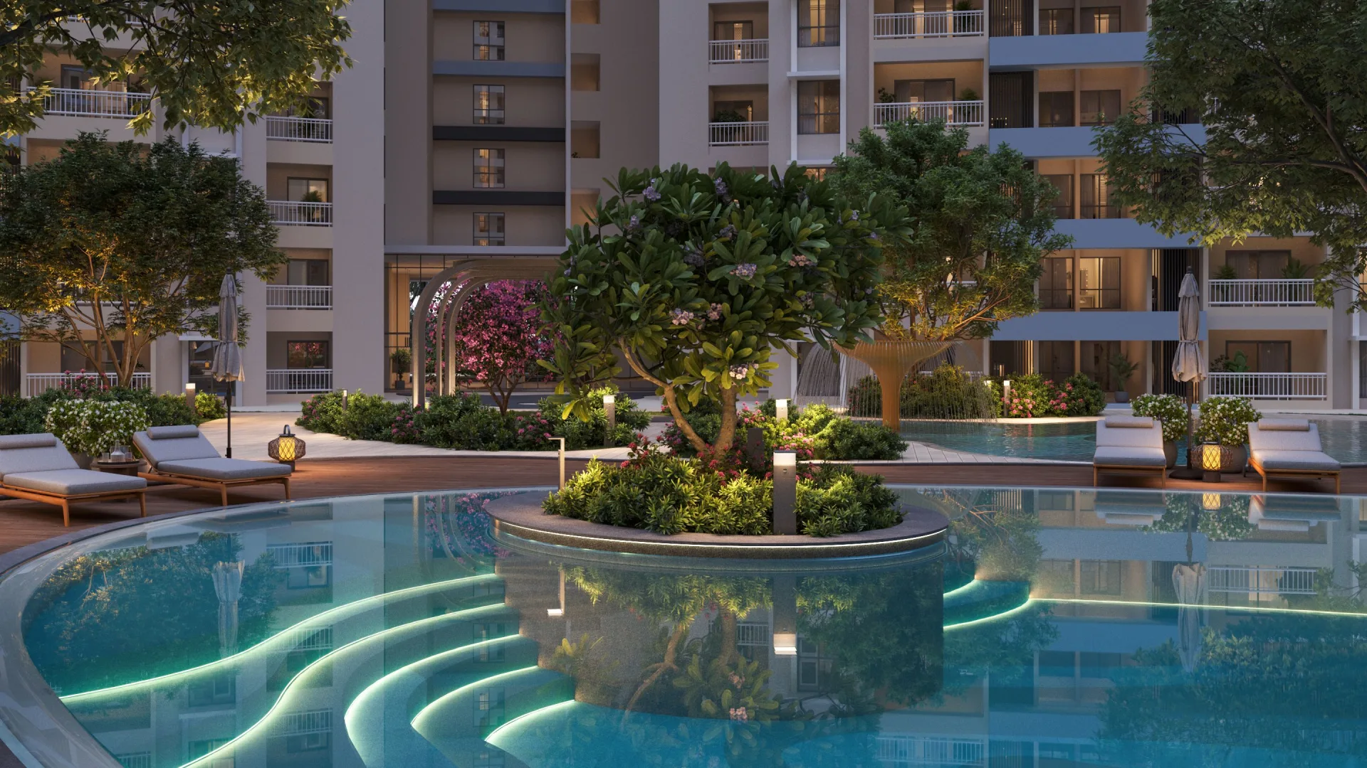 Prestige Parklane clubhouse swimming pool at dusk with planted island, Devanahalli