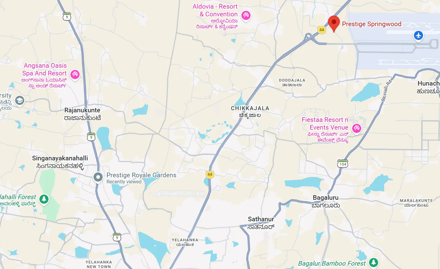 Prestige Springwood location map near Kempegowda International Airport