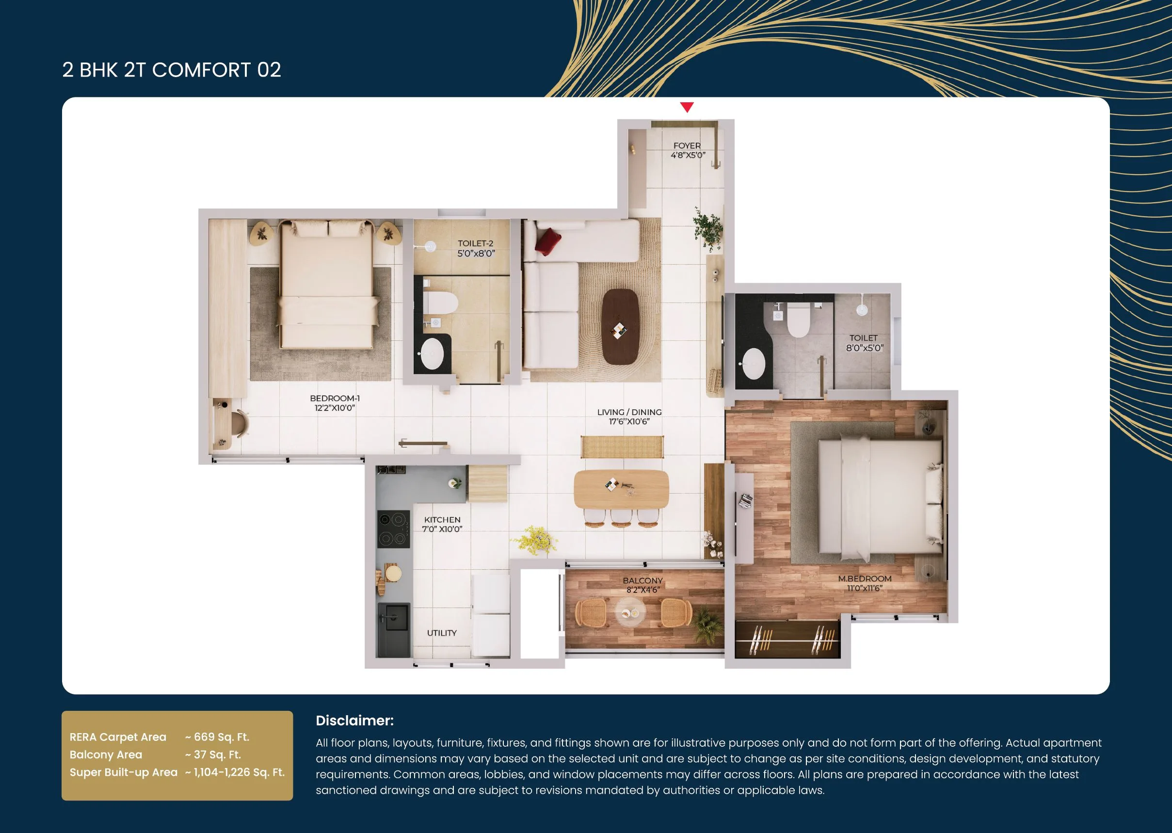 Purva Northern Lights 2 BHK 2T Comfort floor plan, 1104 square feet