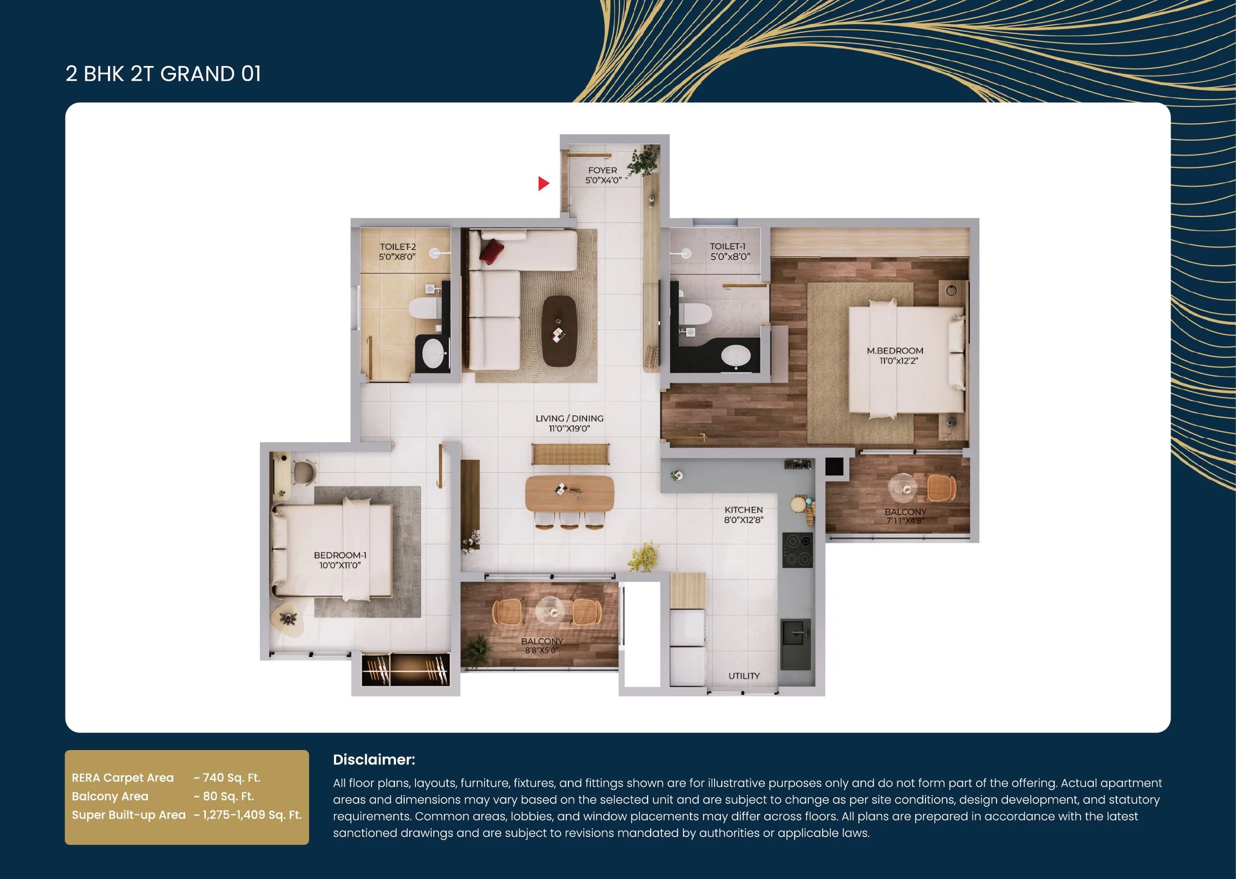 Purva Northern Lights 2 BHK 2T Grand floor plan, 1275 square feet