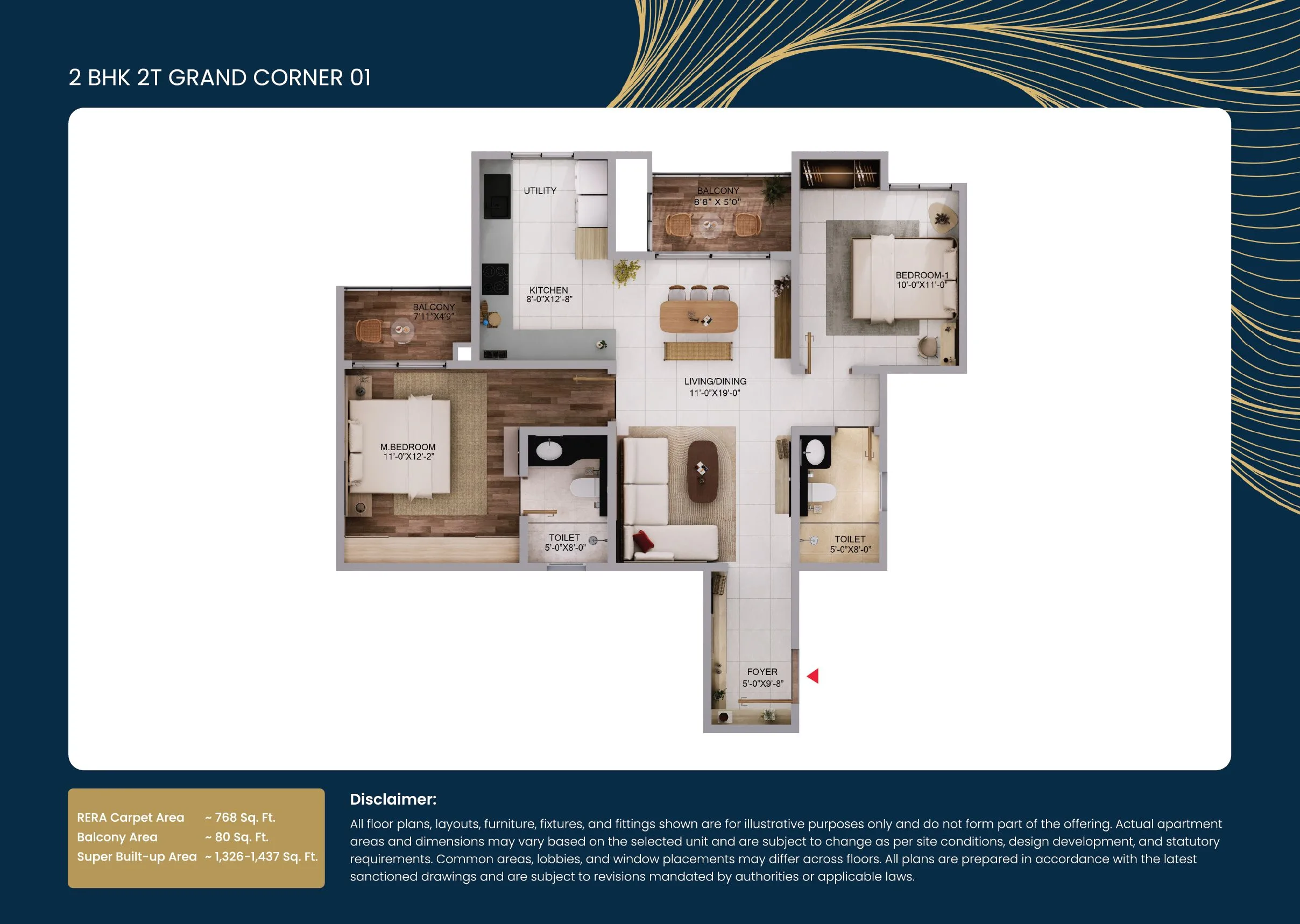 Purva Northern Lights 2 BHK apartment floor plan, 1097 to 1428 square feet
