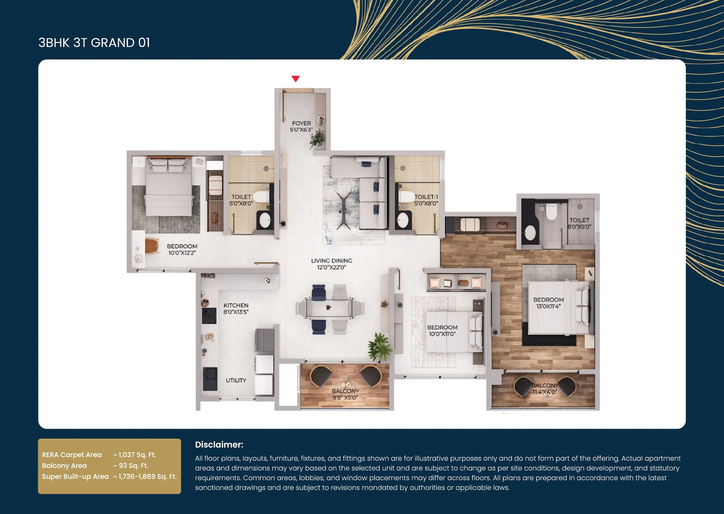 Purva Northern Lights 3 BHK 3T Grand floor plan, 1736 square feet