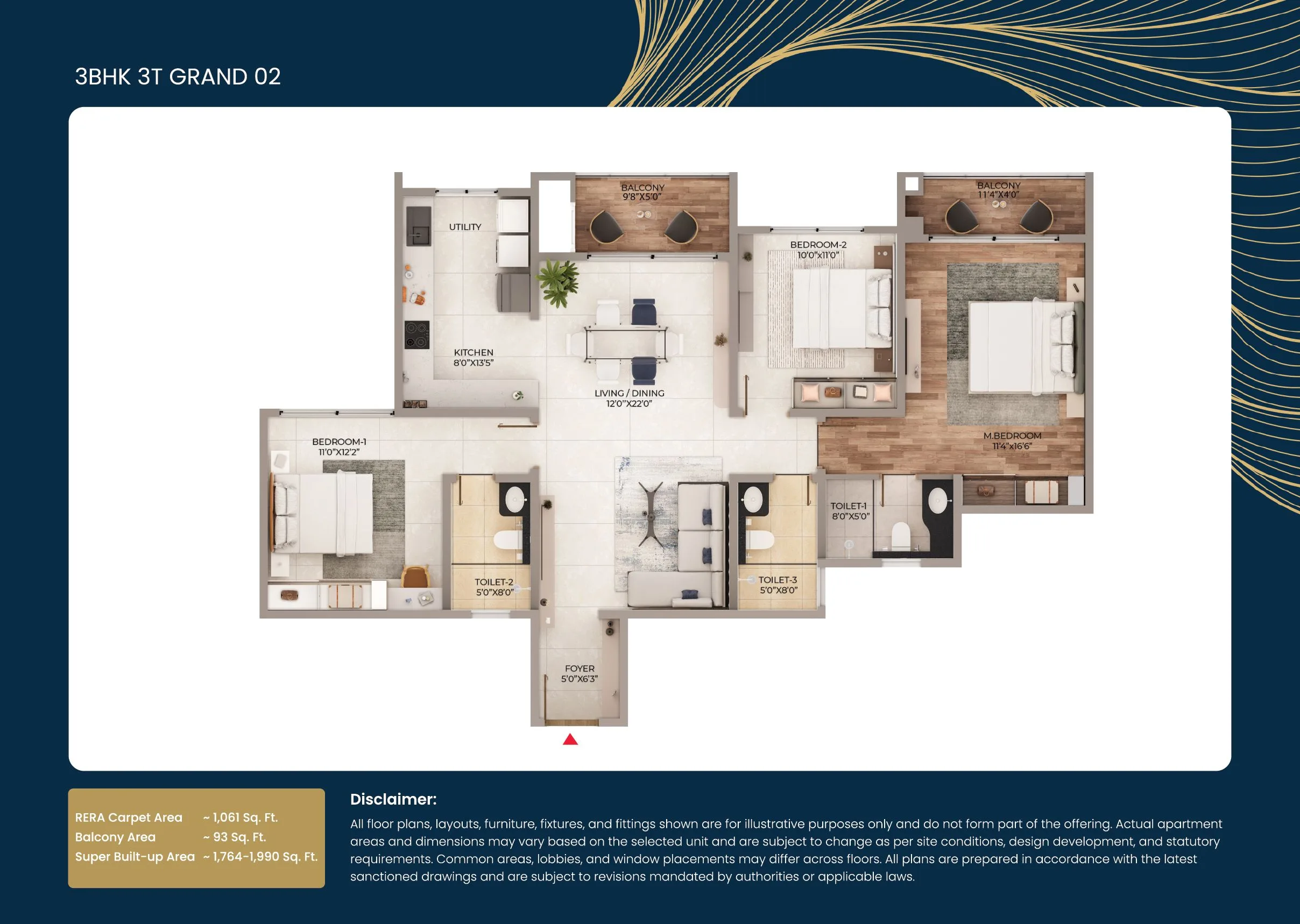 Purva Northern Lights 3 BHK 3T Grand Corner floor plan, 1686 square feet