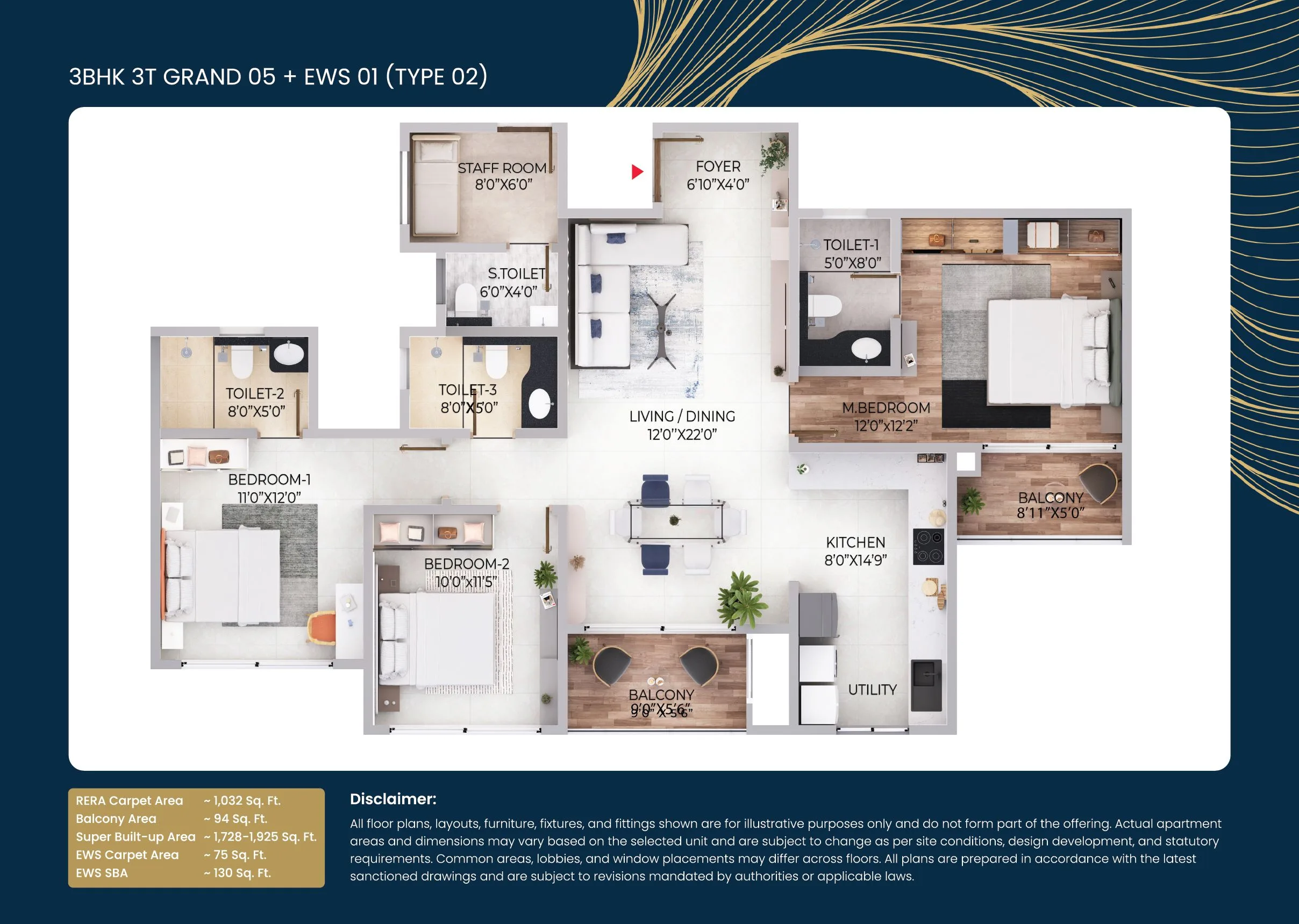 Purva Northern Lights 3 BHK 3T Grand floor plan with EWS area, 1728 plus 130 square feet