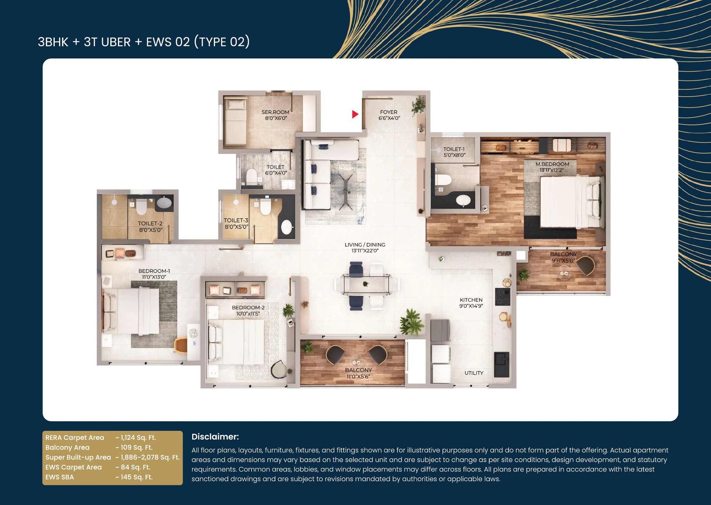 Purva Northern Lights 3 BHK 3T Uber floor plan with EWS area, 1886 plus 145 square feet