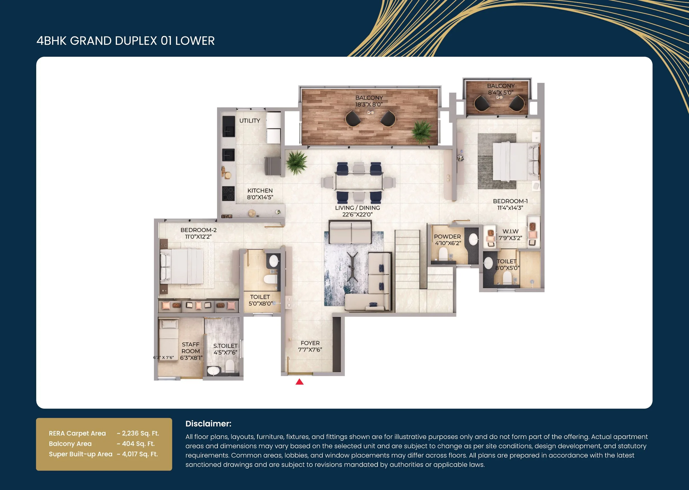 Purva Northern Lights 4 BHK Grand Duplex floor plan, 4017 to 4131 square feet