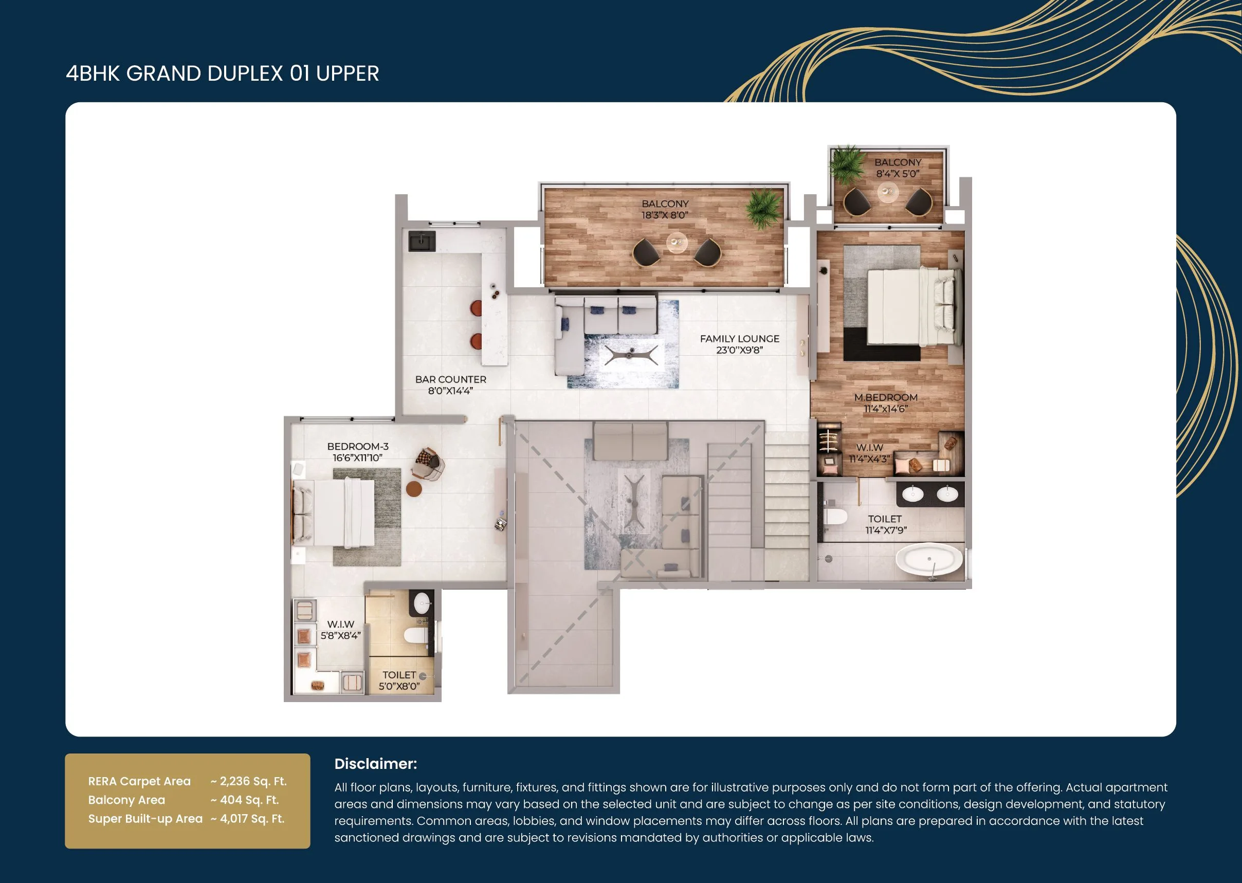 Purva Northern Lights 4 BHK Grand Duplex Upper floor plan, 4017 square feet