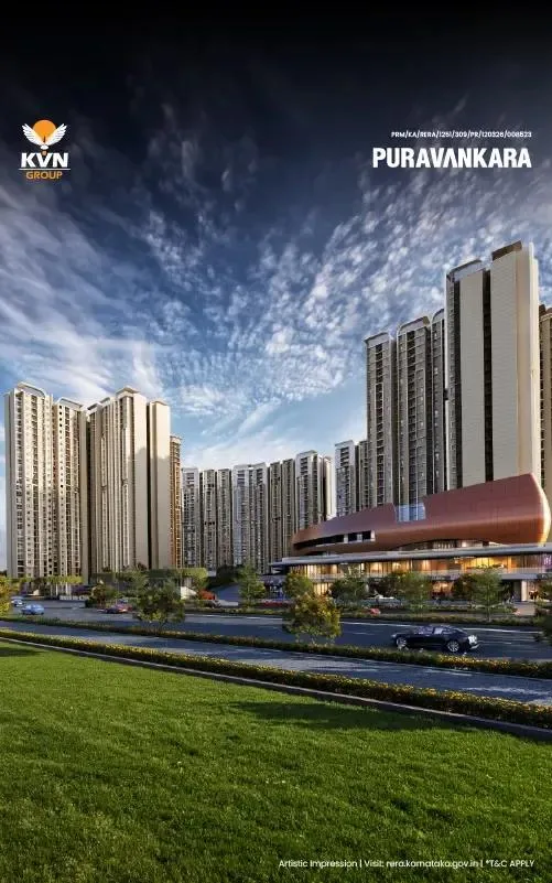 Purva Northern Lights high-rise tower exterior at night, KIADB Aerospace Park, Bagalur