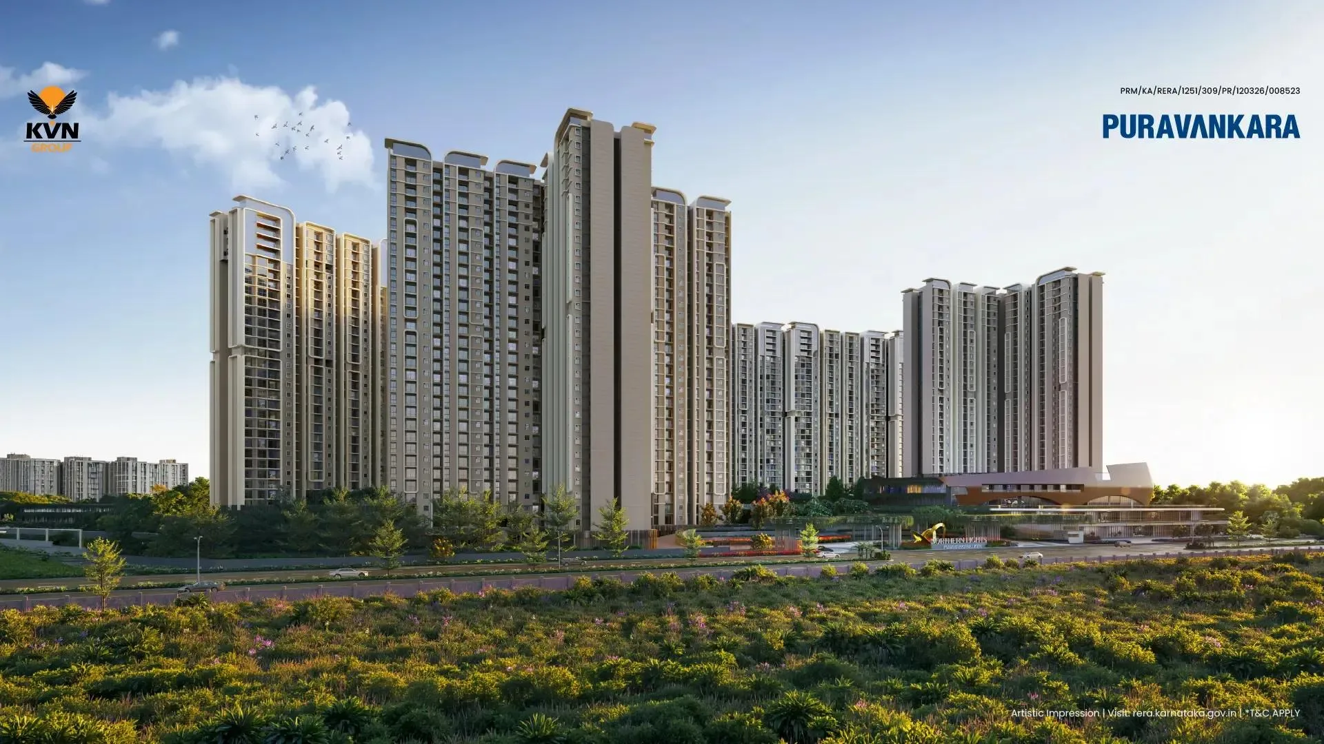 Purva Northern Lights double-height lobby entrance with glass walls, KIADB Aerospace Park