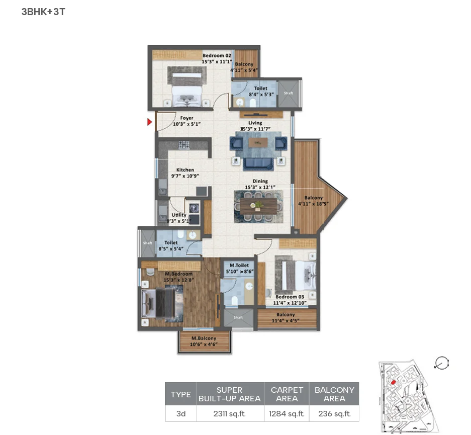 Sattva Aangane 3 BHK floor plan, 2311 sq ft super built-up area, Old Madras Road