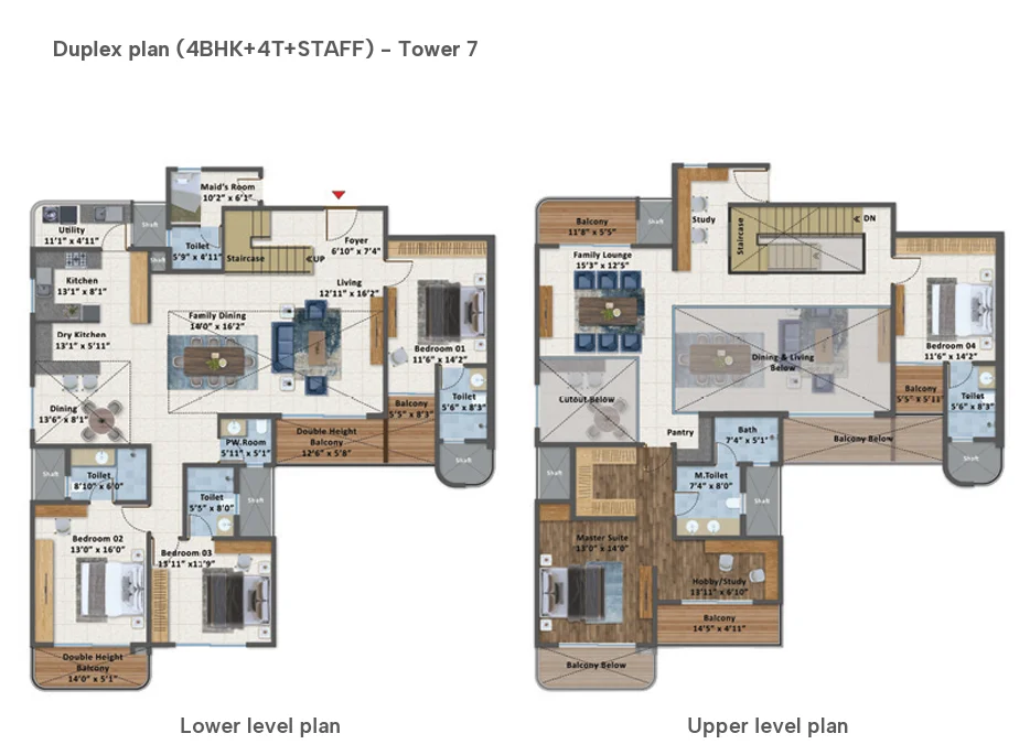 Sattva Aangane 4 BHK signature duplex floor plan, Tower 7, lower and upper level, Old Madras Road