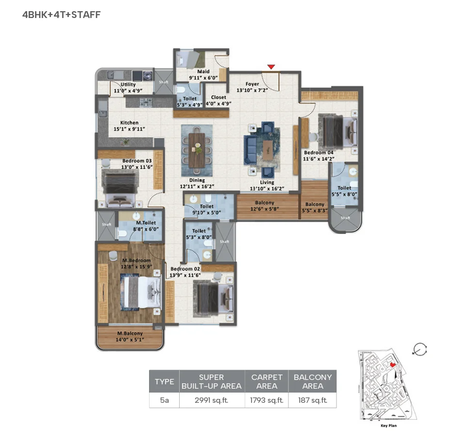 Sattva Aangane 4 BHK floor plan, 2991 sq ft super built-up area, Old Madras Road